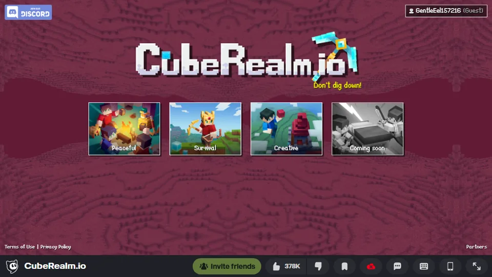 CubeRealm.io の起動画面。Peaceful、Survival、Creative、Coming soon の4つのカードが並ぶ
